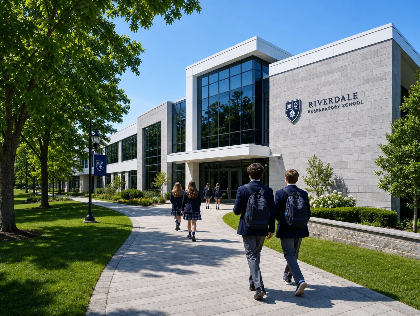 Modern charter school facility architecture in warm morning light