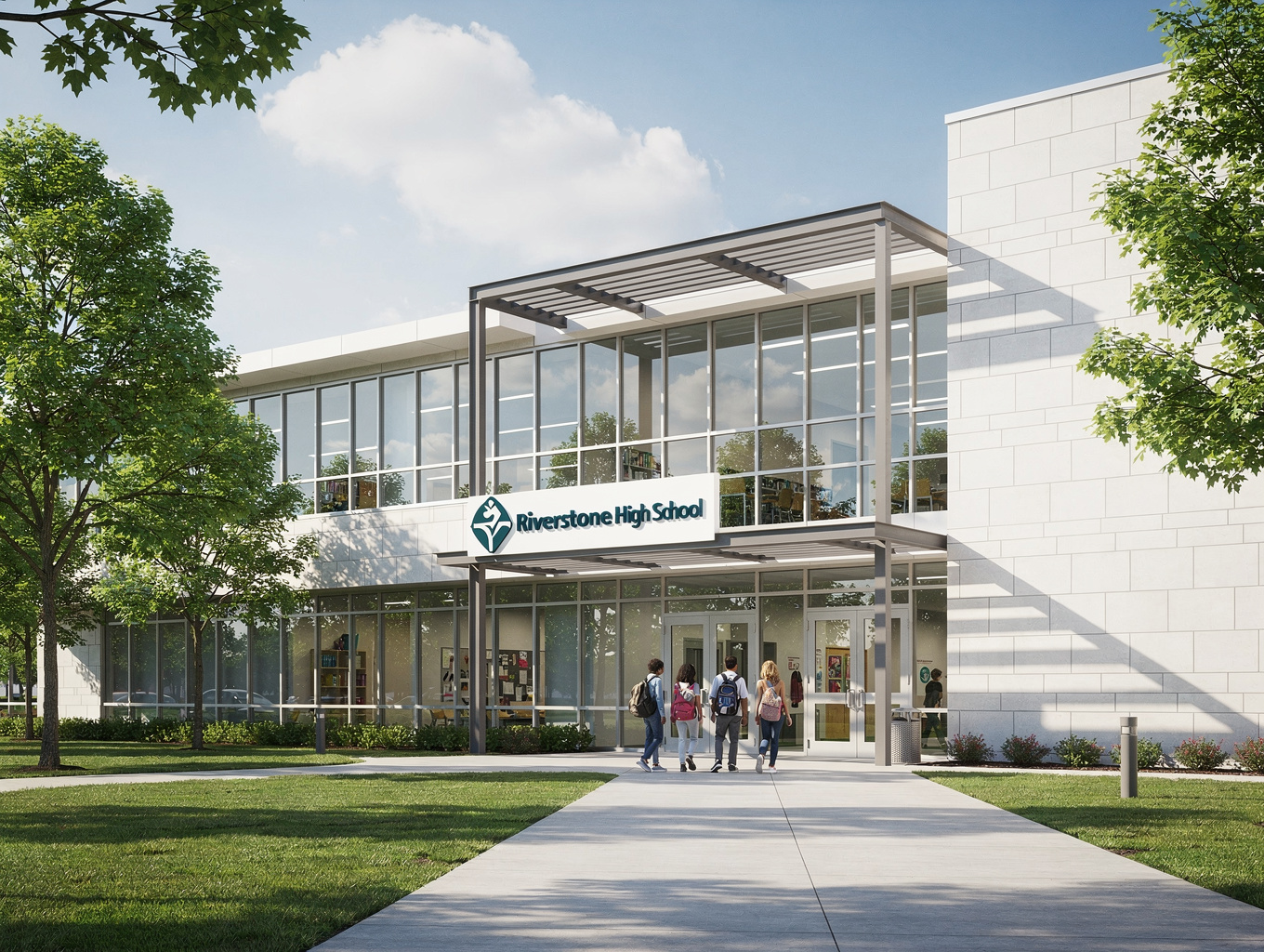 Modern charter school building exterior in warm morning light