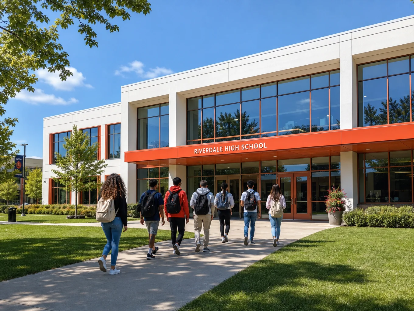 Modern charter school campus exterior in morning light